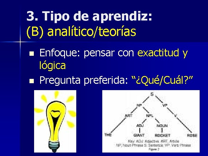 3. Tipo de aprendiz: (B) analítico/teorías n n Enfoque: pensar con exactitud y lógica