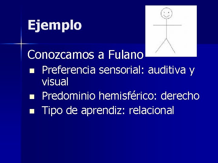 Ejemplo Conozcamos a Fulano n n n Preferencia sensorial: auditiva y visual Predominio hemisférico: