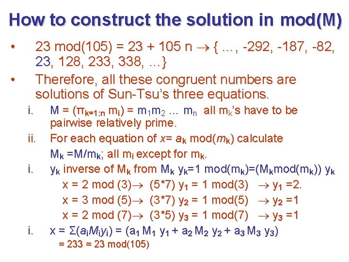 How to construct the solution in mod(M) 23 mod(105) = 23 + 105 n