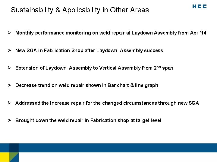 Sustainability & Applicability in Other Areas Ø Monthly performance monitoring on weld repair at