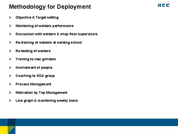 Methodology for Deployment Ø Objective & Target setting Ø Monitoring of welders performance Ø