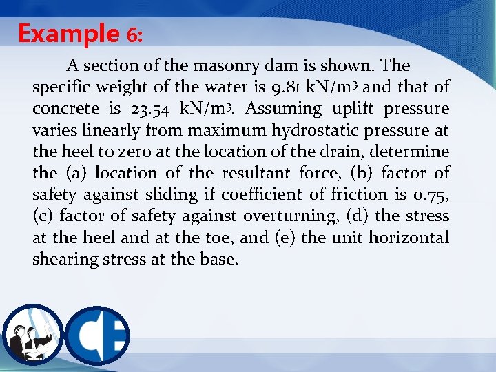 Example 6: A section of the masonry dam is shown. The specific weight of