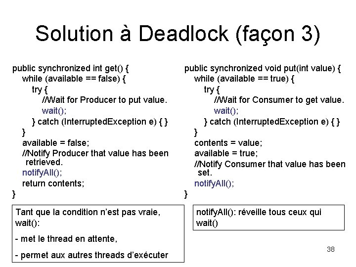 Solution à Deadlock (façon 3) public synchronized int get() { while (available == false)