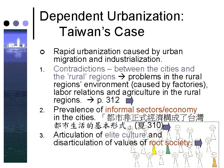 Dependent Urbanization: Taiwan’s Case ¢ 1. 2. 3. Rapid urbanization caused by urban migration Dependent Urbanization: Taiwan’s Case ¢ 1. 2. 3. Rapid urbanization caused by urban migration
