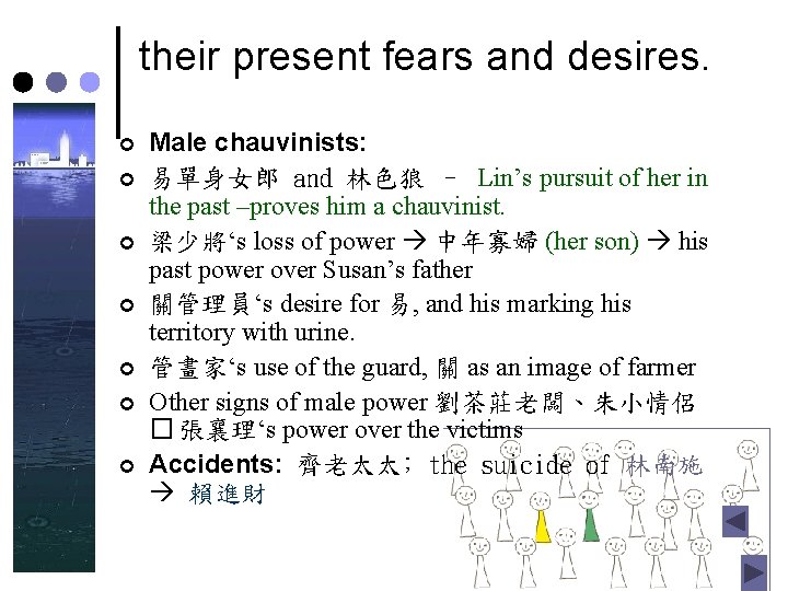 their present fears and desires. ¢ ¢ ¢ ¢ Male chauvinists: 易單身女郎 and 林色狼 their present fears and desires. ¢ ¢ ¢ ¢ Male chauvinists: 易單身女郎 and 林色狼