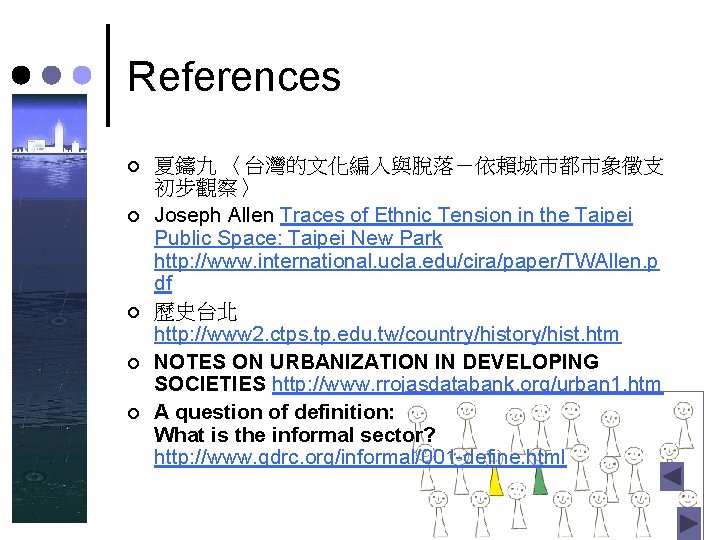References ¢ ¢ ¢ 夏鑄九 〈台灣的文化編入與脫落-依賴城市都市象徵支 初步觀察〉 Joseph Allen Traces of Ethnic Tension in References ¢ ¢ ¢ 夏鑄九 〈台灣的文化編入與脫落-依賴城市都市象徵支 初步觀察〉 Joseph Allen Traces of Ethnic Tension in