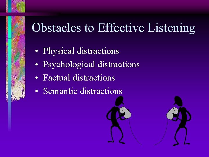 Obstacles to Effective Listening • • Physical distractions Psychological distractions Factual distractions Semantic distractions