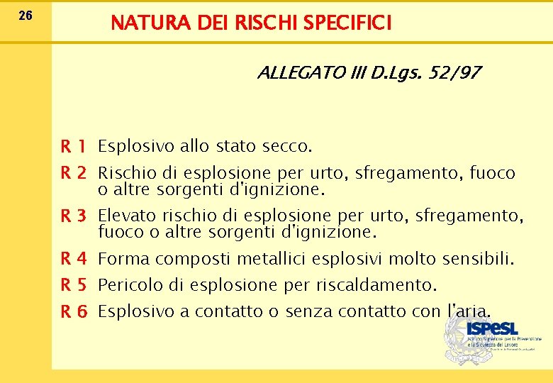 26 NATURA DEI RISCHI SPECIFICI ALLEGATO III D. Lgs. 52/97 R 1 Esplosivo allo