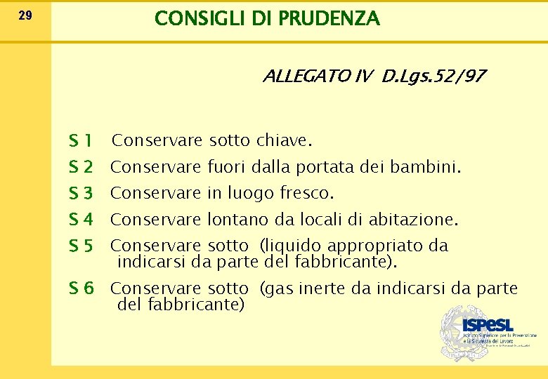 CONSIGLI DI PRUDENZA 29 ALLEGATO IV D. Lgs. 52/97 S 1 Conservare sotto chiave.