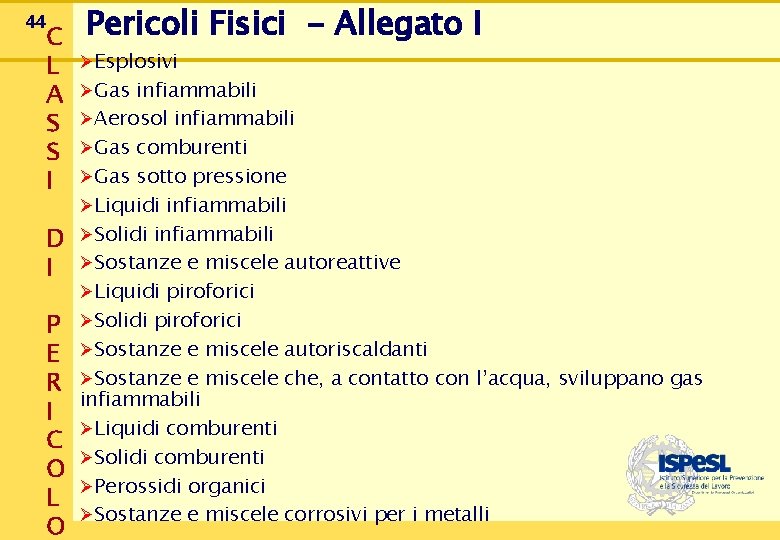 44 C L A S S I D I Pericoli Fisici - Allegato I