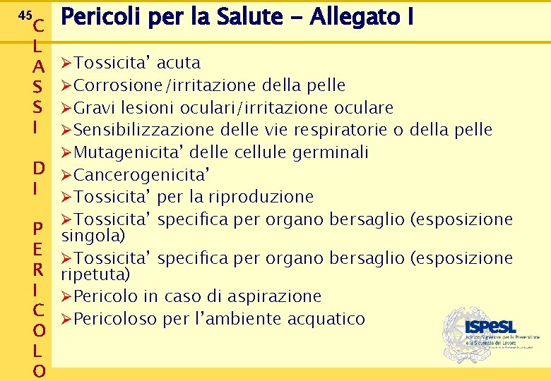 45 C L A S S I Pericoli per la Salute - Allegato I