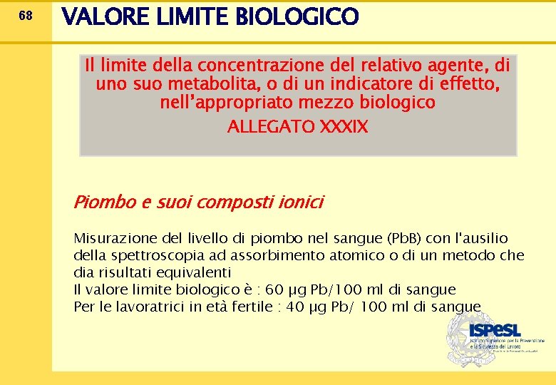 68 VALORE LIMITE BIOLOGICO Il limite della concentrazione del relativo agente, di uno suo