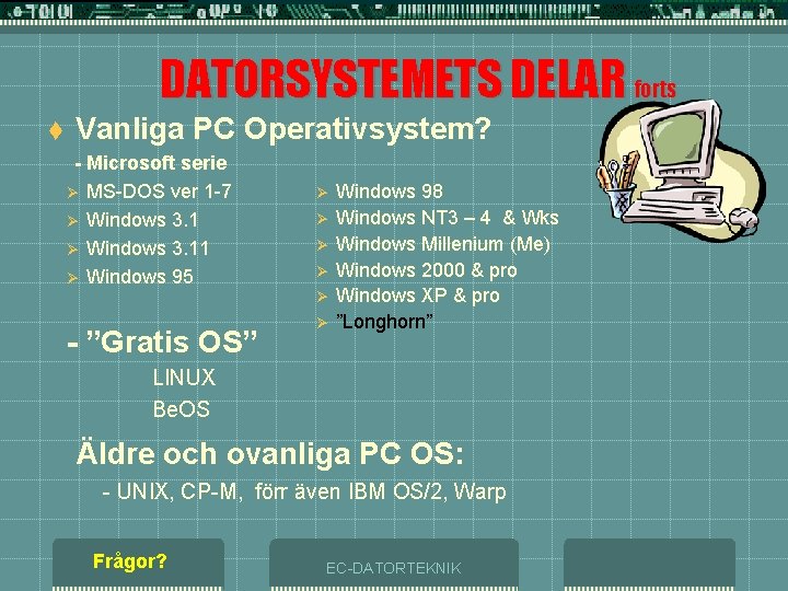 DATORSYSTEMETS DELAR forts t Vanliga PC Operativsystem? - Microsoft serie Ø MS-DOS ver 1