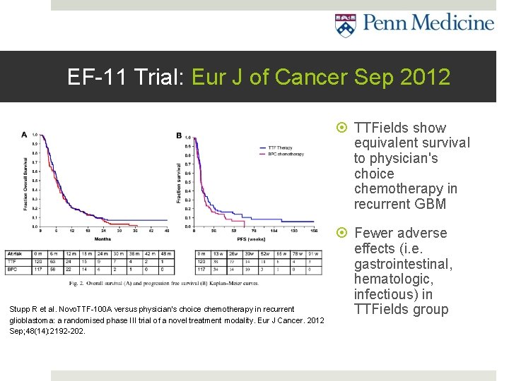 EF-11 Trial: Eur J of Cancer Sep 2012 TTFields show equivalent survival to physician's