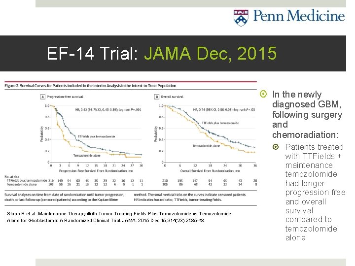 EF-14 Trial: JAMA Dec, 2015 In the newly diagnosed GBM, following surgery and chemoradiation: