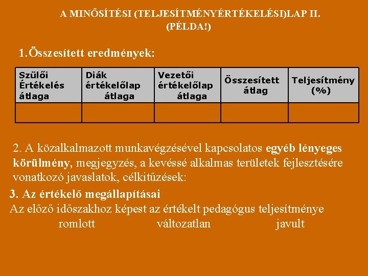 A MINŐSÍTÉSI (TELJESÍTMÉNYÉRTÉKELÉSI)LAP II. (PÉLDA!) 1. Összesített eredmények: Szülői Értékelés átlaga Diák értékelőlap átlaga