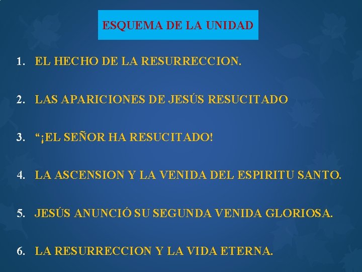 ESQUEMA DE LA UNIDAD 1. EL HECHO DE LA RESURRECCION. 2. LAS APARICIONES DE