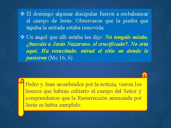 v El domingo algunas discípulas fueron a embalsamar el cuerpo de Jesús. Observaron que