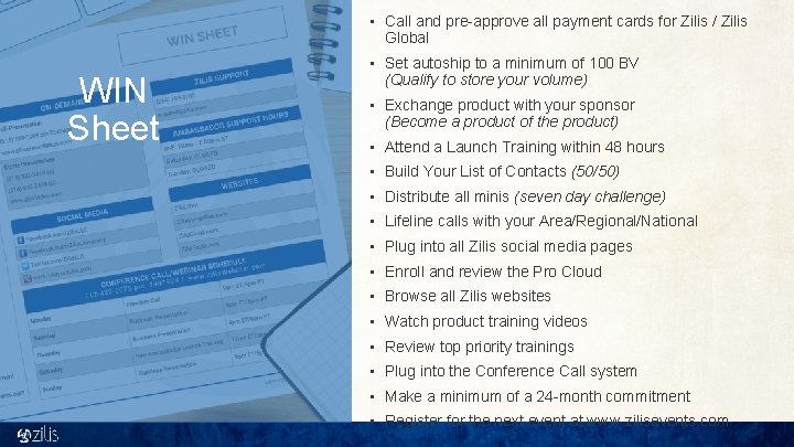  • Call and pre-approve all payment cards for Zilis / Zilis Global WIN