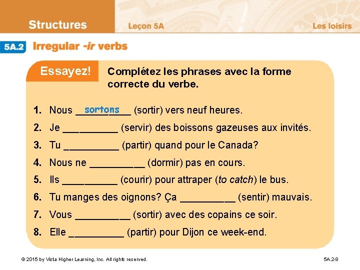 Essayez! Complétez les phrases avec la forme correcte du verbe. sortons (sortir) vers neuf