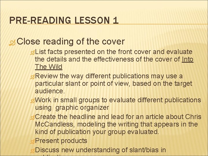PRE-READING LESSON 1 Close reading of the cover List facts presented on the front