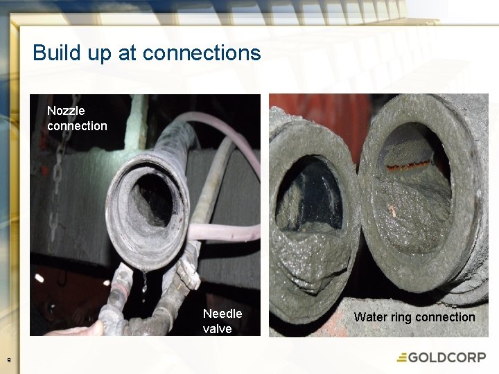 Build up at connections Nozzle connection Needle valve 9 Water ring connection 