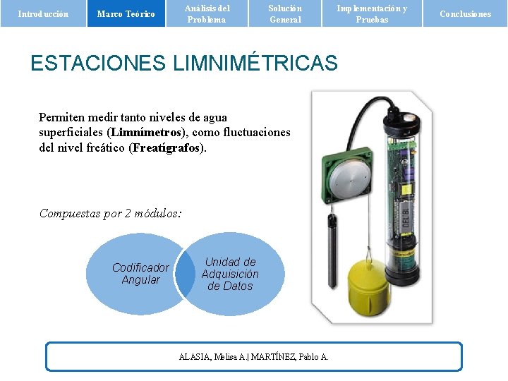 Introducción Análisis del Problema Marco Teórico Solución General Implementación y Pruebas ESTACIONES LIMNIMÉTRICAS Permiten