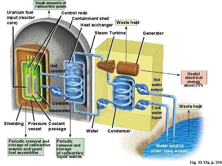 Small amounts of radioactive gases Uranium fuel input (reactor core) Control rods Containment shell Small amounts of radioactive gases Uranium fuel input (reactor core) Control rods Containment shell
