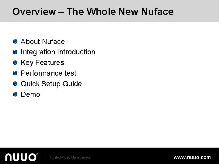 Overview – The Whole New Nuface About Nuface Integration Introduction Key Features Performance test