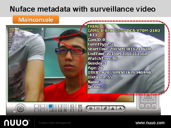 Nuface metadata with surveillance video Mainconsole Trusted Video Management www. nuuo. com 