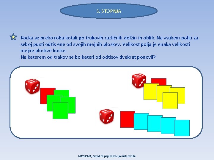 3. STOPNJA Kocka se preko roba kotali po trakovih različnih dolžin in oblik. Na