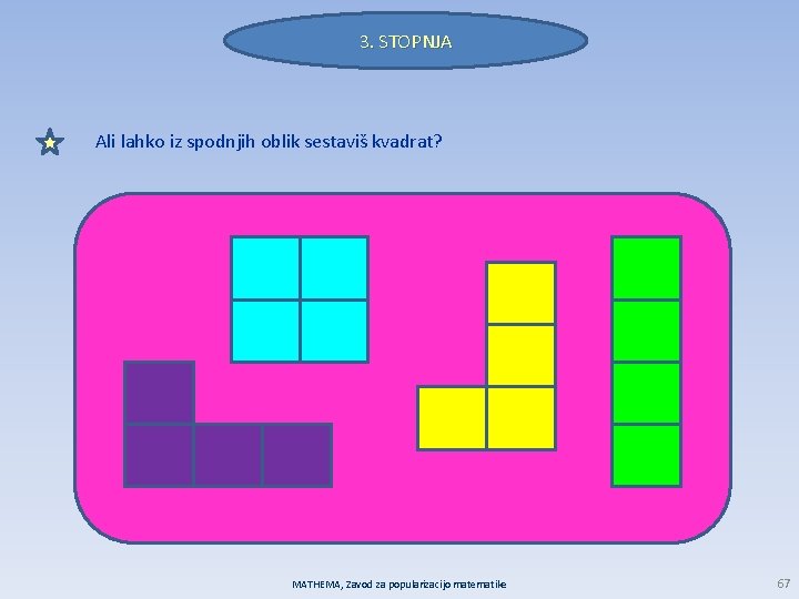 3. STOPNJA Ali lahko iz spodnjih oblik sestaviš kvadrat? MATHEMA, Zavod za popularizacijo matematike