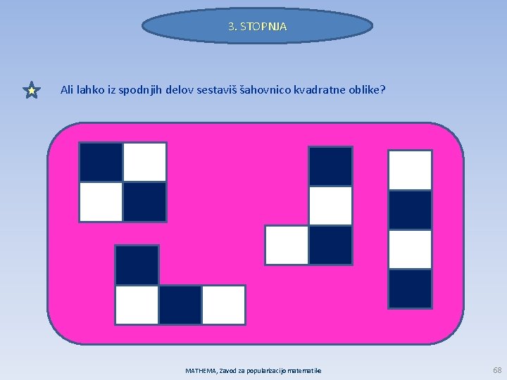 3. STOPNJA Ali lahko iz spodnjih delov sestaviš šahovnico kvadratne oblike? MATHEMA, Zavod za