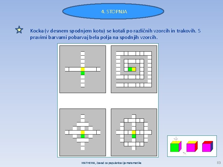4. STOPNJA Kocka (v desnem spodnjem kotu) se kotali po različnih vzorcih in trakovih.