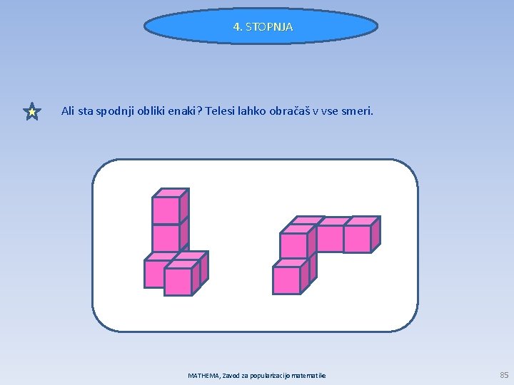 4. STOPNJA Ali sta spodnji obliki enaki? Telesi lahko obračaš v vse smeri. MATHEMA,