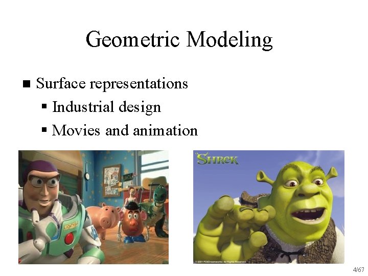 Geometric Modeling n Surface representations § Industrial design § Movies and animation 4/67 