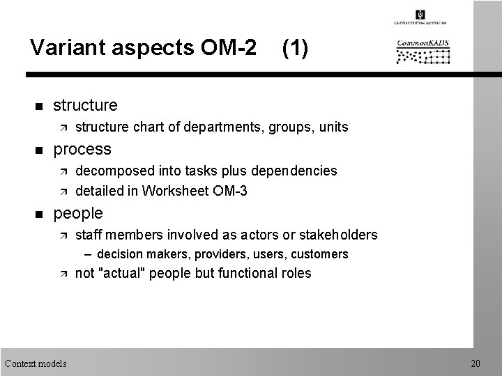 Variant aspects OM-2 n structure ä n structure chart of departments, groups, units process