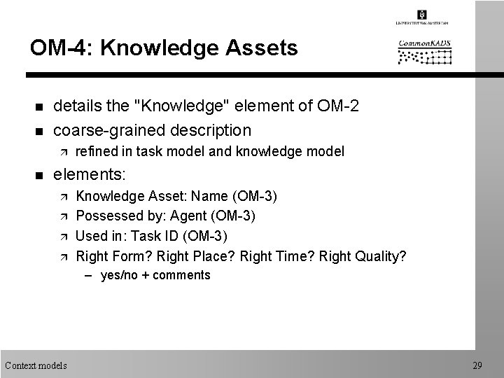 OM-4: Knowledge Assets n n details the "Knowledge" element of OM-2 coarse-grained description ä