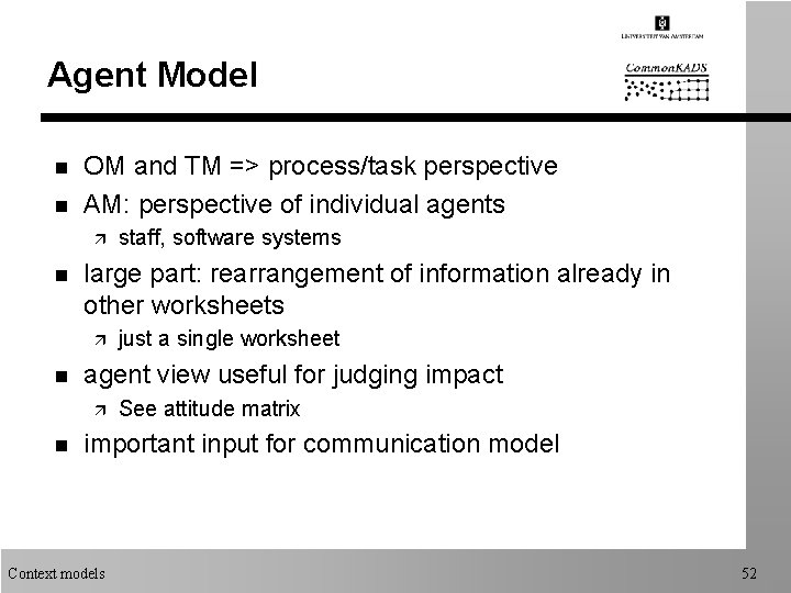 Agent Model n n OM and TM => process/task perspective AM: perspective of individual