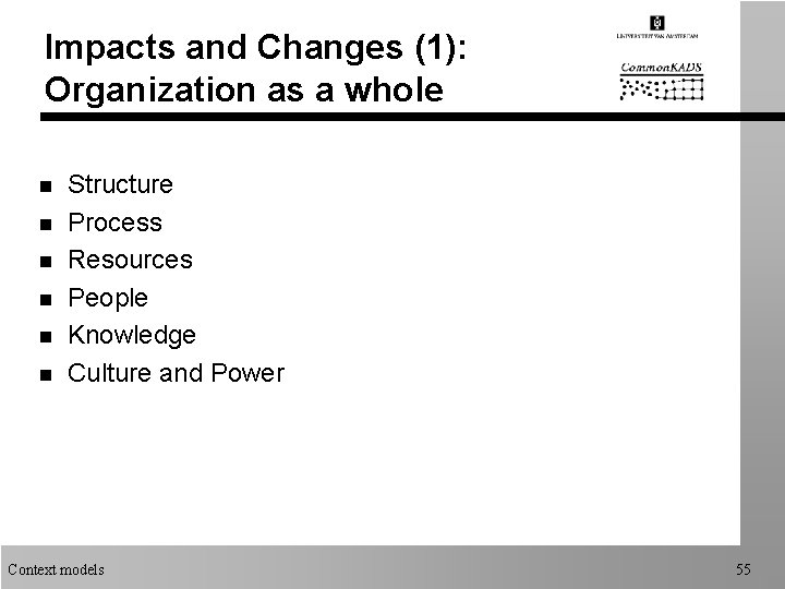 Impacts and Changes (1): Organization as a whole n n n Structure Process Resources
