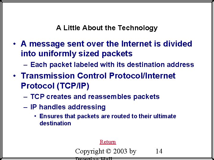 A Little About the Technology • A message sent over the Internet is divided A Little About the Technology • A message sent over the Internet is divided