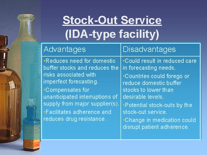 Stock-Out Service (IDA-type facility) Advantages Disadvantages • Reduces need for domestic buffer stocks and