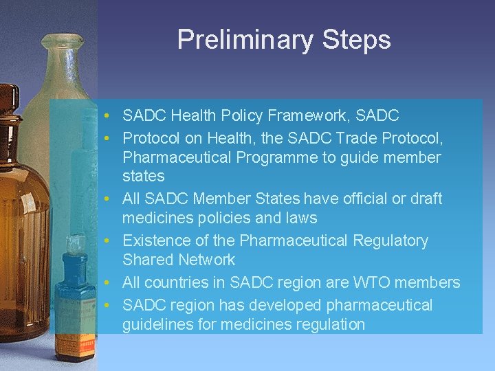 Preliminary Steps • SADC Health Policy Framework, SADC • Protocol on Health, the SADC