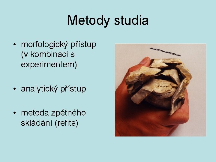 Metody studia • morfologický přístup (v kombinaci s experimentem) • analytický přístup • metoda