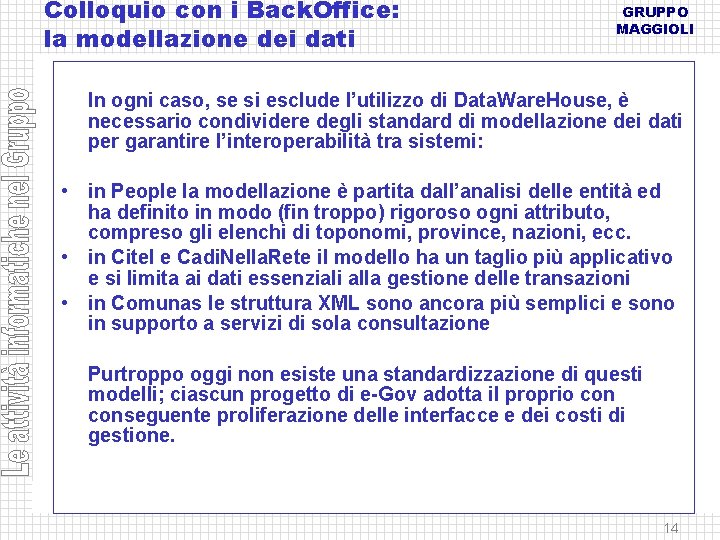 Colloquio con i Back. Office: la modellazione dei dati GRUPPO MAGGIOLI In ogni caso,