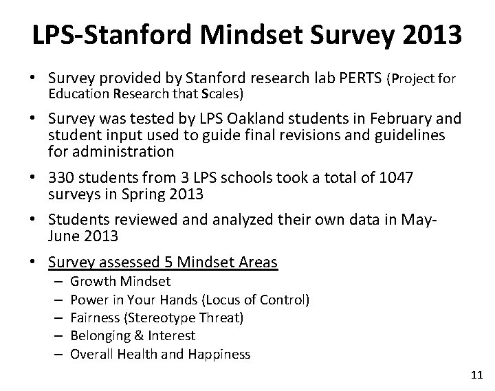 LPS-Stanford Mindset Survey 2013 • Survey provided by Stanford research lab PERTS (Project for
