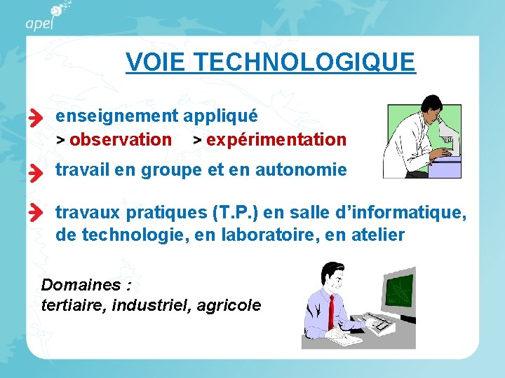 VOIE TECHNOLOGIQUE enseignement appliqué > observation > expérimentation travail en groupe et en autonomie