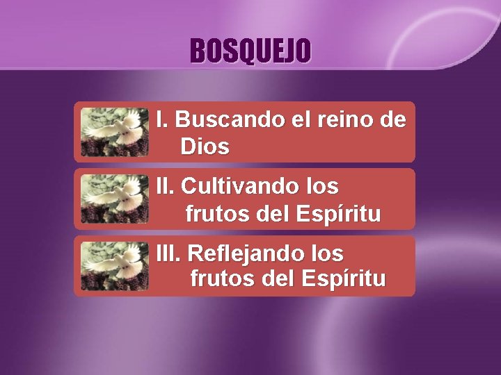 BOSQUEJO I. Buscando el reino de Dios II. Cultivando los frutos del Espíritu III. BOSQUEJO I. Buscando el reino de Dios II. Cultivando los frutos del Espíritu III.