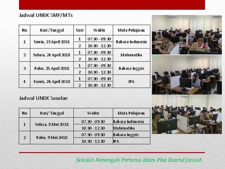 Jadwal UNBK SMP/MTs No Hari /Tanggal 1 Senin, 23 April 2018 2 Selasa, 24