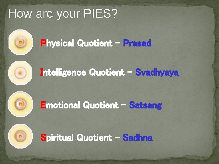 How are your PIES? Physical Quotient - Prasad Intelligence Quotient - Svadhyaya Emotional Quotient How are your PIES? Physical Quotient - Prasad Intelligence Quotient - Svadhyaya Emotional Quotient